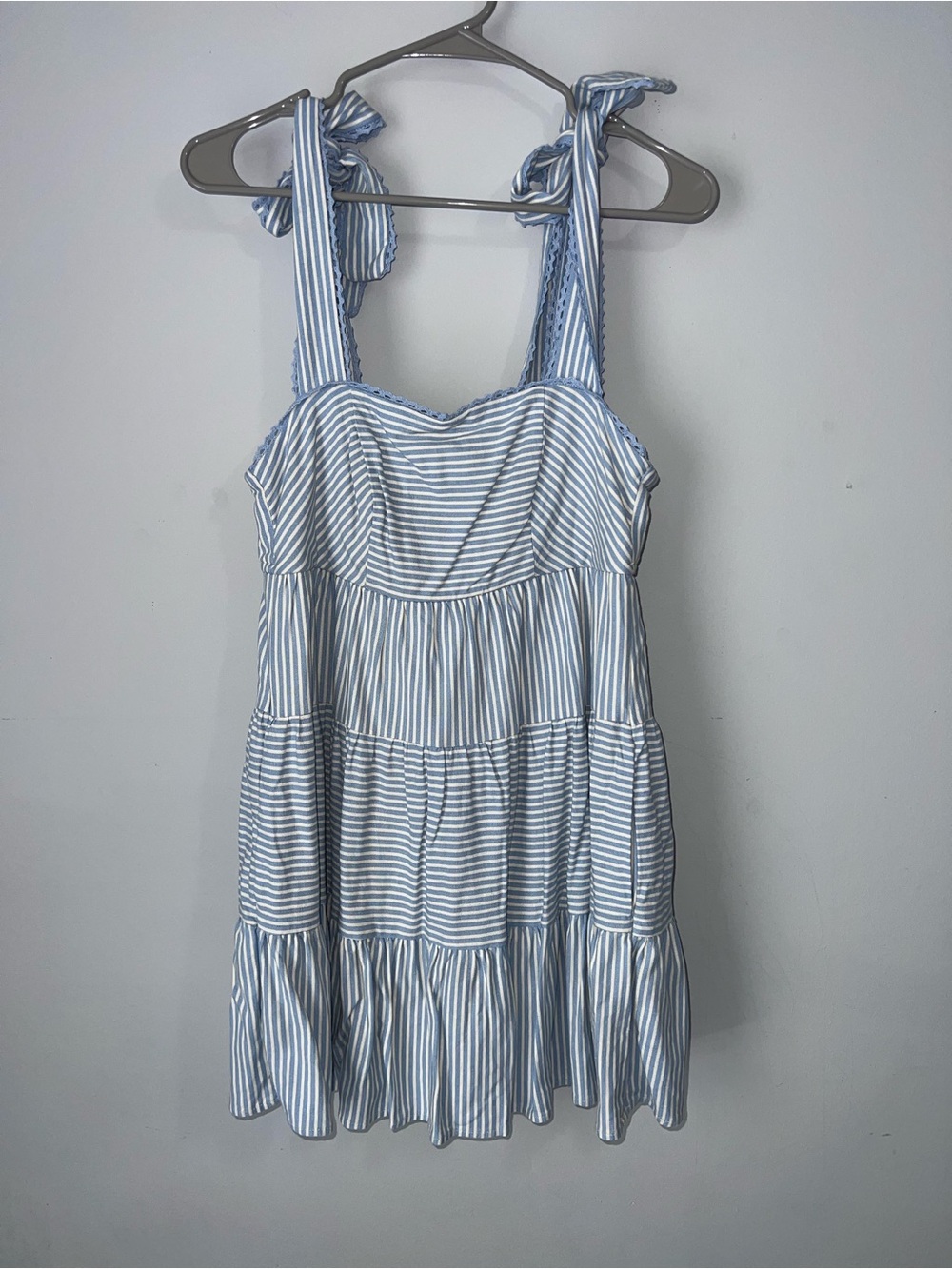 Altar’d State Womens Blue White Striped Tiered Mini Dress Tie Strap Coastal S